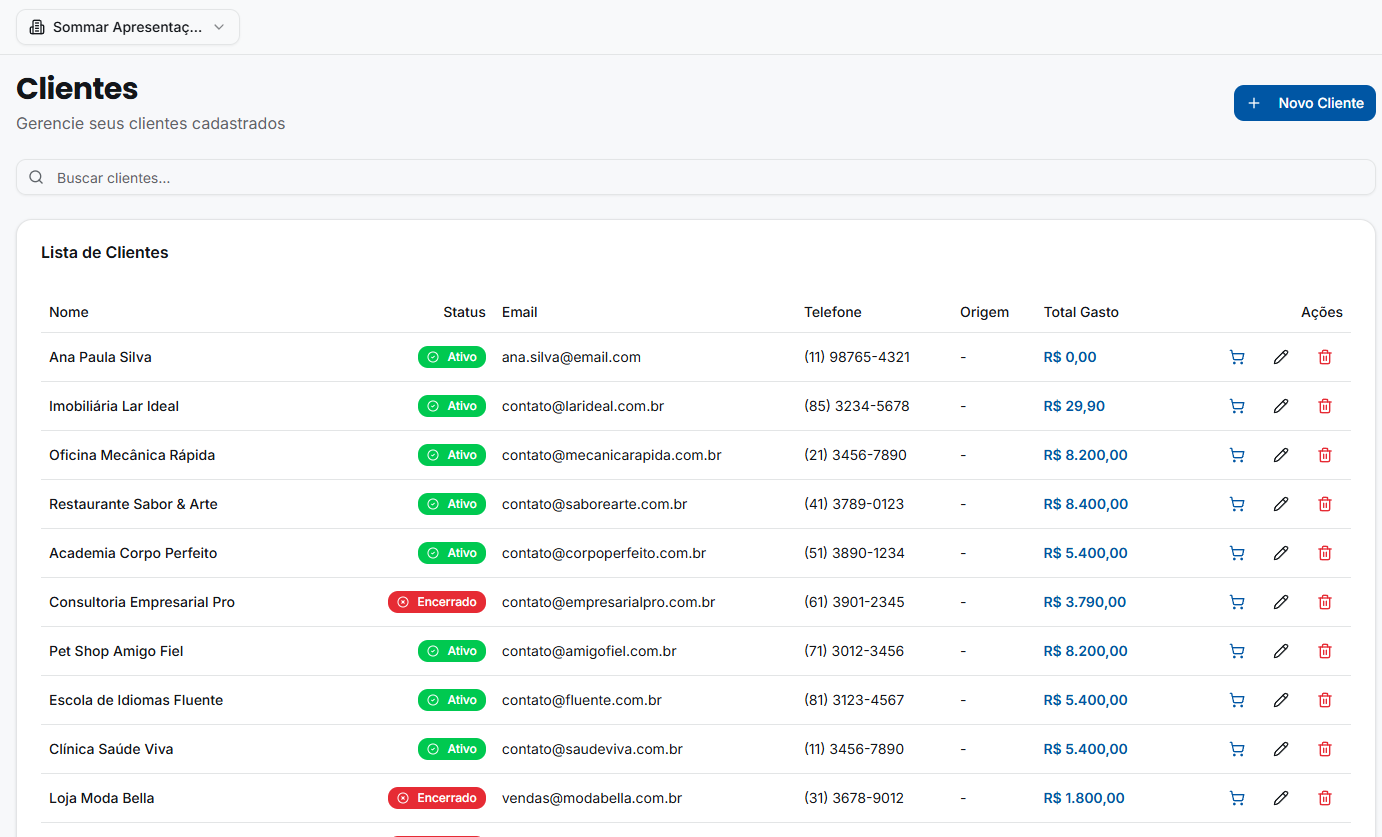 Tela de lista de clientes do SOMMAR CRM
